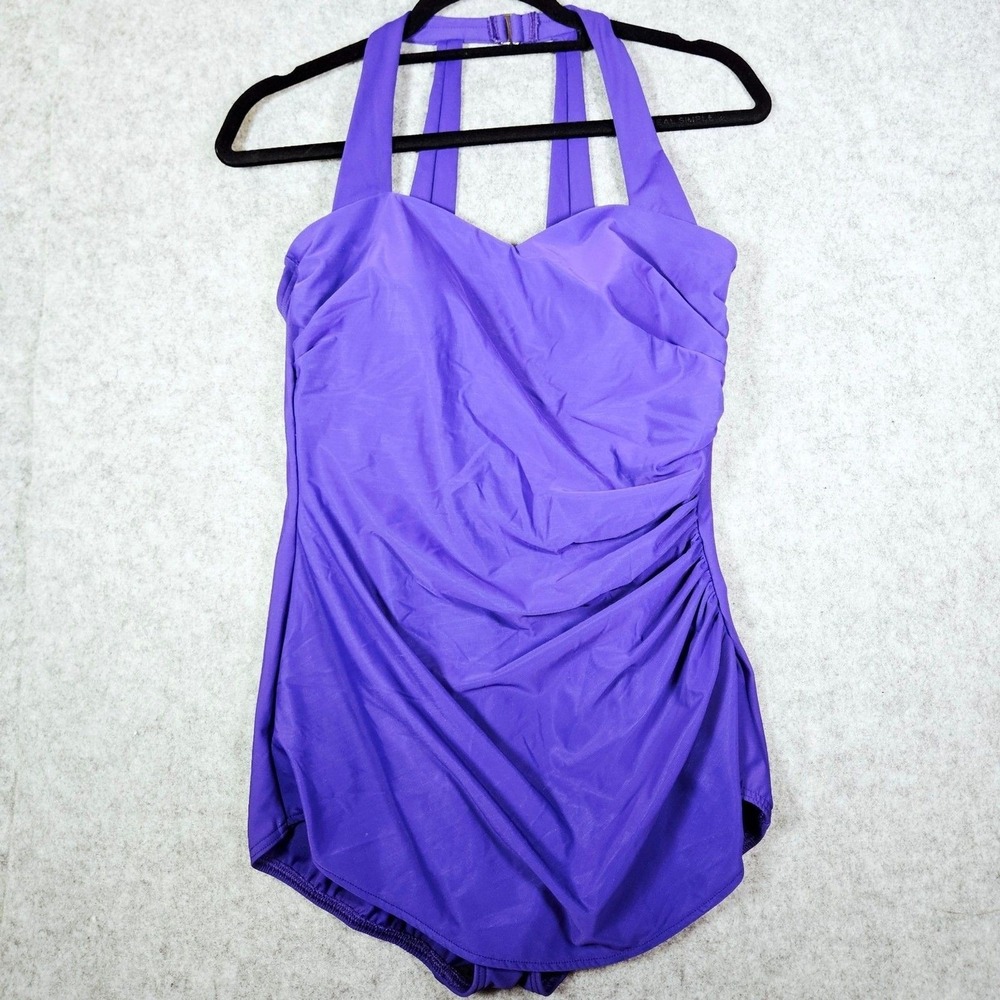 Lands' End Womens Purple Ruched One Piece Swimsuit Swim Beach Resort Sz 12 READ